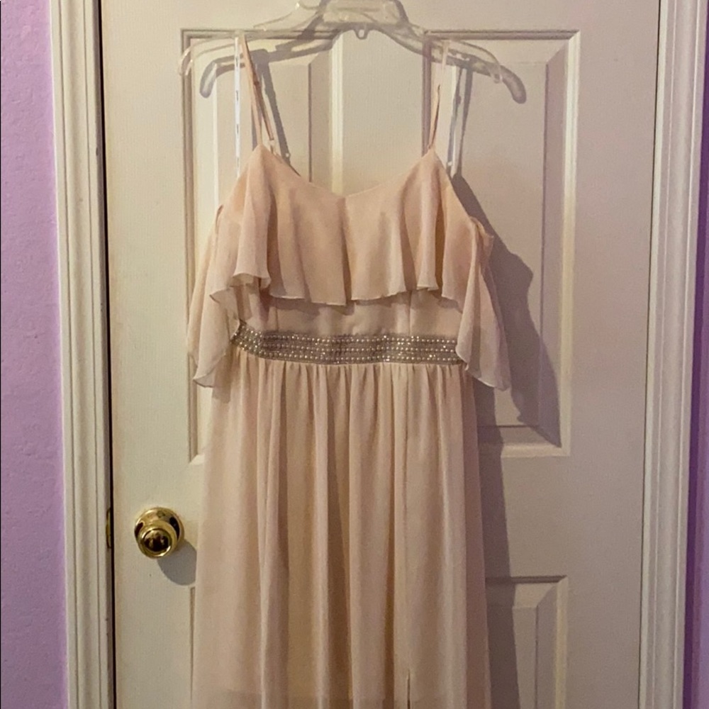 Pink off the shoulder maxi dress with beaded belt